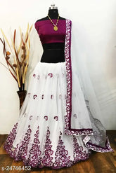 Red taffeta silk lehenga with net dupatta, Indian partywear garba Navratri embroidery, semi-stitched (waist 42in, length 44in)
