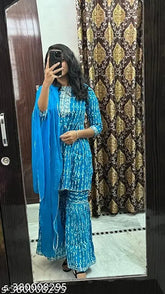 Rayon printed sharara suit set with embroidery, Upasana Traders ethnic wear for women" (105 characters)