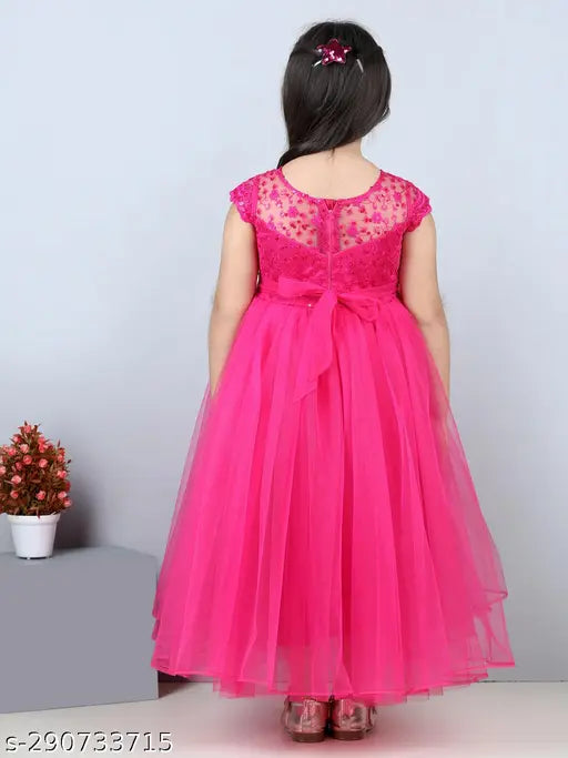 Fuchsia net party dress for kids, sleeveless full-length design, suitable for 1-2 year olds, India origin