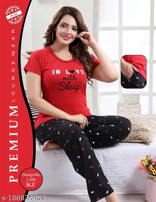 Red and black women's cotton nightsuit with comfy round neck, printed net pattern - two-piece pyjama set for casual or sleepwear