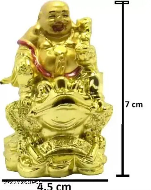 Gold-plated laughing Buddha on frog figurine, handcrafted Vastu showpiece decoration - Polyresin yellow gold, 7 cm tall