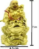 Gold-plated laughing Buddha on frog figurine, handcrafted Vastu showpiece decoration - Polyresin yellow gold, 7 cm tall