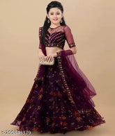 Organza & net kids tea purple lehenga with embroidered floral stitch, three-quarter sleeves