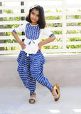 White rayon kurti with blue printed dhoti pants for baby girl, high quality finishing, 3-4 years size
