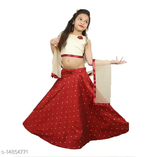 Maroon silk blend embroidered lehenga choli set with net dupatta, sleeveless western wear for baby girls (pack of 1)