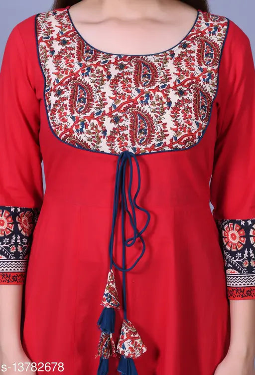 Red rayon ankle-length Anarkali kurta with free mask, printed combo on solid red background, three-quarter sleeves
