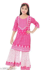 Rayon kids set with printed kurta and bottomwear, three-quarter sleeve length, India origin