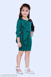 Green polyester midi dress for girls (4-12 years), self-design net, three-quarter sleeves, shoulder frill, sequin sleeves, lining, zipper, fashionable belt, handwork flower