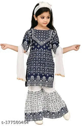 Navy Blue Rayon Girls Party Kurta Sahrara Set, three-quarter sleeves, printed top and bottom, suitable for various occasions in India