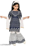 Navy Blue Rayon Girls Party Kurta Sahrara Set, three-quarter sleeves, printed top and bottom, suitable for various occasions in India