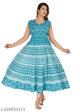 Women's printed cotton Anarkali Kurti summer dress, full length, sleeveless - vibrant colors and stylish design for beach outings