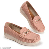 Pink synthetic leather ballet flats for women - comfortable slip-on loafers for casual or formal wear