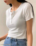 Cotton blend rib-knit tee, self-design net pattern, short sleeves, perfect for women summer wear