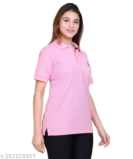 Pink polycotton women's workout T-shirt with polo neck, short sleeves, and fitness-inspired print