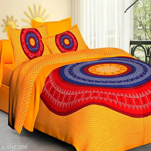 Double Queen Cotton Jaipuri Bedsheet Combo Pack, 4 decorative pillow covers with Rajasthani prints