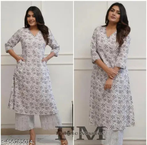 Trendy grey floral print rayon kurta & pants set for women, A-line fit, three-quarter sleeves, casual everyday wear