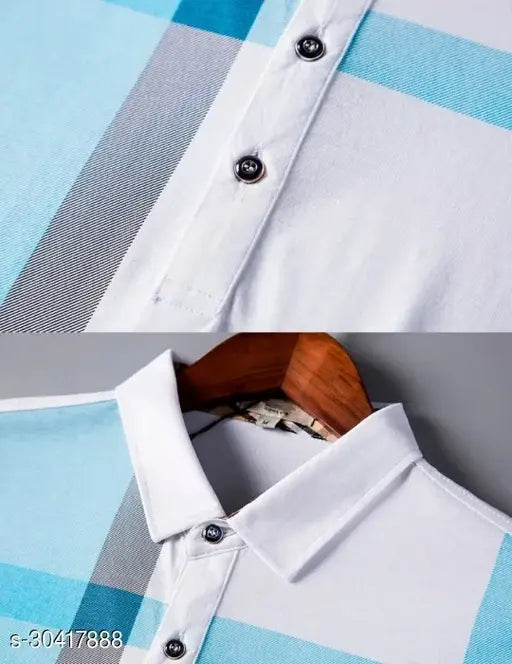 Blue printed polo neck cotton t-shirt for men with short sleeves, featuring eye-catching design. Available in S, M, L, XL, XXL, XXXL sizes. Made in India