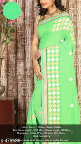 Green chiffon saree with embroidered pattern, paired with a green running blouse for party, wedding, or festival wear