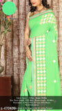 Green chiffon saree with embroidered pattern, paired with a green running blouse for party, wedding, or festival wear