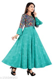 Printed designer rayon gown kurta, plus size long kurti with three-quarter sleeves, colorful Indian fashion for women on hanger