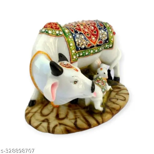 Decorative resin Kamdhenu cow and calf statue, symbol of prosperity, India-made, 6"L x 4"H x 3"W