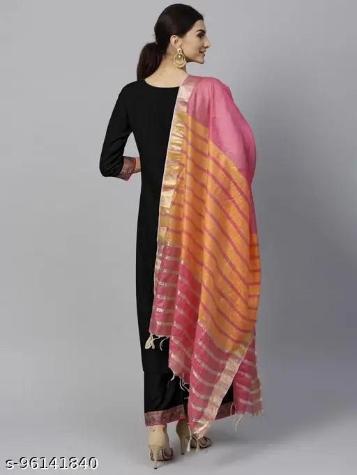 Black cotton blend kurti set for women's wear with plazzo and dupatta, solid pattern, three-quarter sleeves, India origin