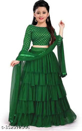 Silk blend ruffle kids lehenga cholis with net dupatta, semi-stitched for festive/wedding wear