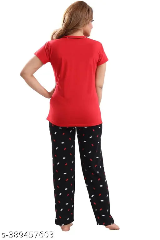 Red hosiery night suite for women, printed net pyjama set with short sleeves, made from 100% cotton hosiery 180 GSM fabric. Perfect for daily use and comfortable sleepwear