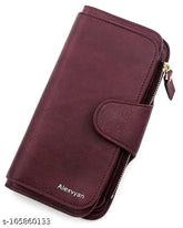 Red leather women's long wallet with 16 slots and 3 pockets, solid pattern design for stylish multi-tasking women