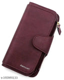Red leather women's long wallet with 16 slots and 3 pockets, solid pattern design for stylish multi-tasking women