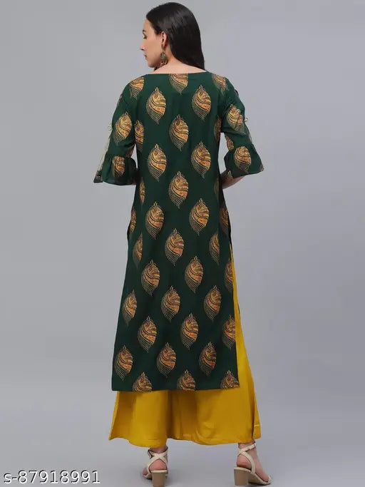 Green and mustard yellow rayon print kurta with palazzos for women's fashion, keyhole neck, three-quarter sleeves, straight hem, elasticated waistband - Indian origin