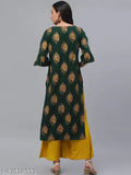 Green and mustard yellow rayon print kurta with palazzos for women's fashion, keyhole neck, three-quarter sleeves, straight hem, elasticated waistband - Indian origin