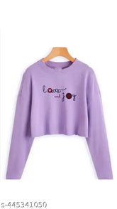 Osm lavender full sleeve crop top on mannequin, cotton blend, printed with love and joy motif