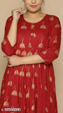 Maroon rayon gown with gold printed kurti, three-quarter sleeves, Indian traditional Jhumka style