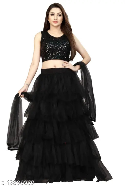 Black net A-line ceremonial lehenga with sequined blouse and ruffled dupatta, Indian semi-stitched traditional wear for special occasions