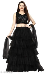 Black net A-line ceremonial lehenga with sequined blouse and ruffled dupatta, Indian semi-stitched traditional wear for special occasions