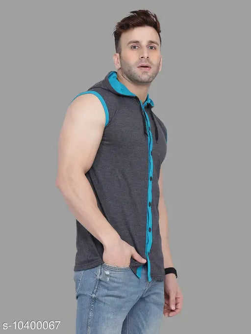 Grey cotton blend sleeveless hood neck T-shirt, self-design net pattern by Tfurnish. Perfect casual wear for this season with a pair of jeans and sneakers. Premium quality, 100% pure combed 155 - 160 GSM cotton used. Country of Origin: India