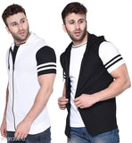 Colorblocked cotton blend hoodie with short sleeves, India-made men's t-shirt in sizes S-XL on display
