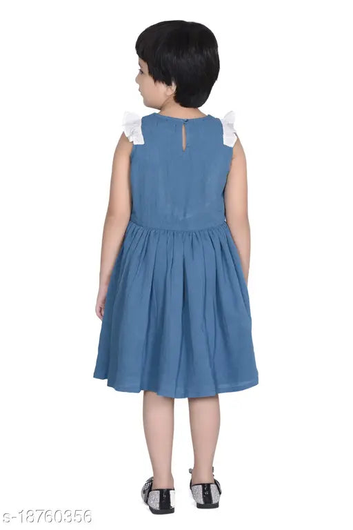 Blue cotton crepe dress, solid design for kids aged 5-14 years, India origin
