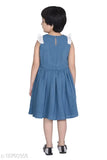 Blue cotton crepe dress, solid design for kids aged 5-14 years, India origin