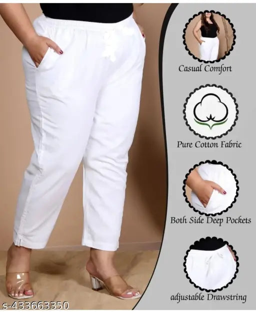 White cotton lycra jumbo mid-stretchable casual pants for women with pockets, ideal for work or leisure in XL, XXL, XXXL, 4XL, 5XL, 6XL sizes