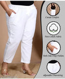 White cotton lycra jumbo mid-stretchable casual pants for women with pockets, ideal for work or leisure in XL, XXL, XXXL, 4XL, 5XL, 6XL sizes