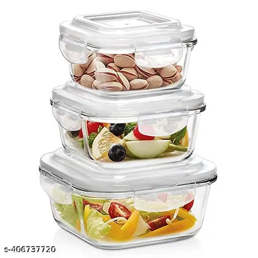Transparent glass food storage set of 3 with 400ml, 600ml & 800ml containers, oven-safe, microwave-safe, and freezer-safe. Airtight, leakproof, break-free detachable locks for multifunctional use. Made of borosilicate glass