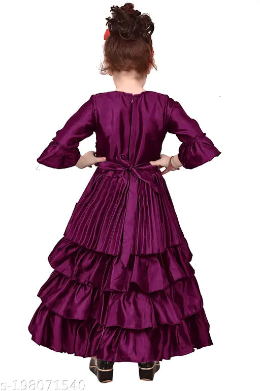 Silk blend party dress for cute girls aged 3-11, solid net three-quarter sleeves by Ajija Fashion Design from India