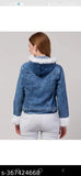 Blue denim cropped jacket with collar sleeves and fur trim - trendy women's full-length denim jacket for casual wear, daywear or daily wear (S-XL). Made in India