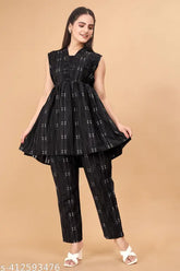 Cotton blend cord set for women & girls in summer collection, flared tunic top with high-waisted pants, vintage style