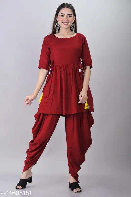 Rayon Beautiful Kurti with Dhoti pants, solid net design, available in sizes S-XXL