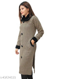 Beige wool checkered collar sweater, self-design knitted pattern, long sleeves, winter kurti with fur collar and pockets - Matelco, India