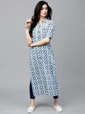 Navy and off-white printed cotton straight kurta for women, perfect for casual wear with a combo of solid and print design. Size S (bust size: 36in), made in India