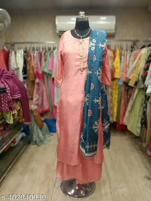 Pink cotton silk kurta palazzo set with dupatta, three-quarter sleeves, single size XXL. Indian traditional women's outfit on model